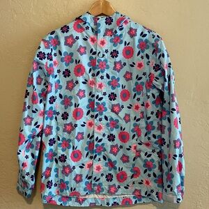 REI Kids Rain Hooded Jacket, Blue with Pink Navy Blue Flowers Size Large 14-16